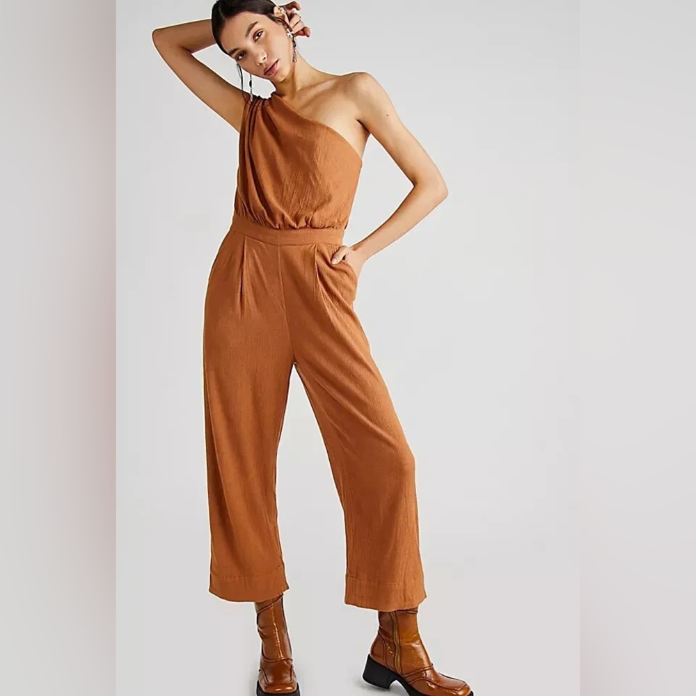 NWOT Free People Avery One Shoulder Jumpsuit in Rust Orange